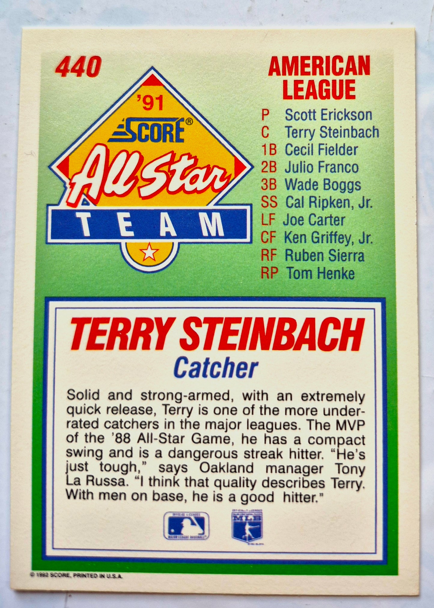 All Star Team Terry Steinbach Catcher #440 '91 Score Baseball Card