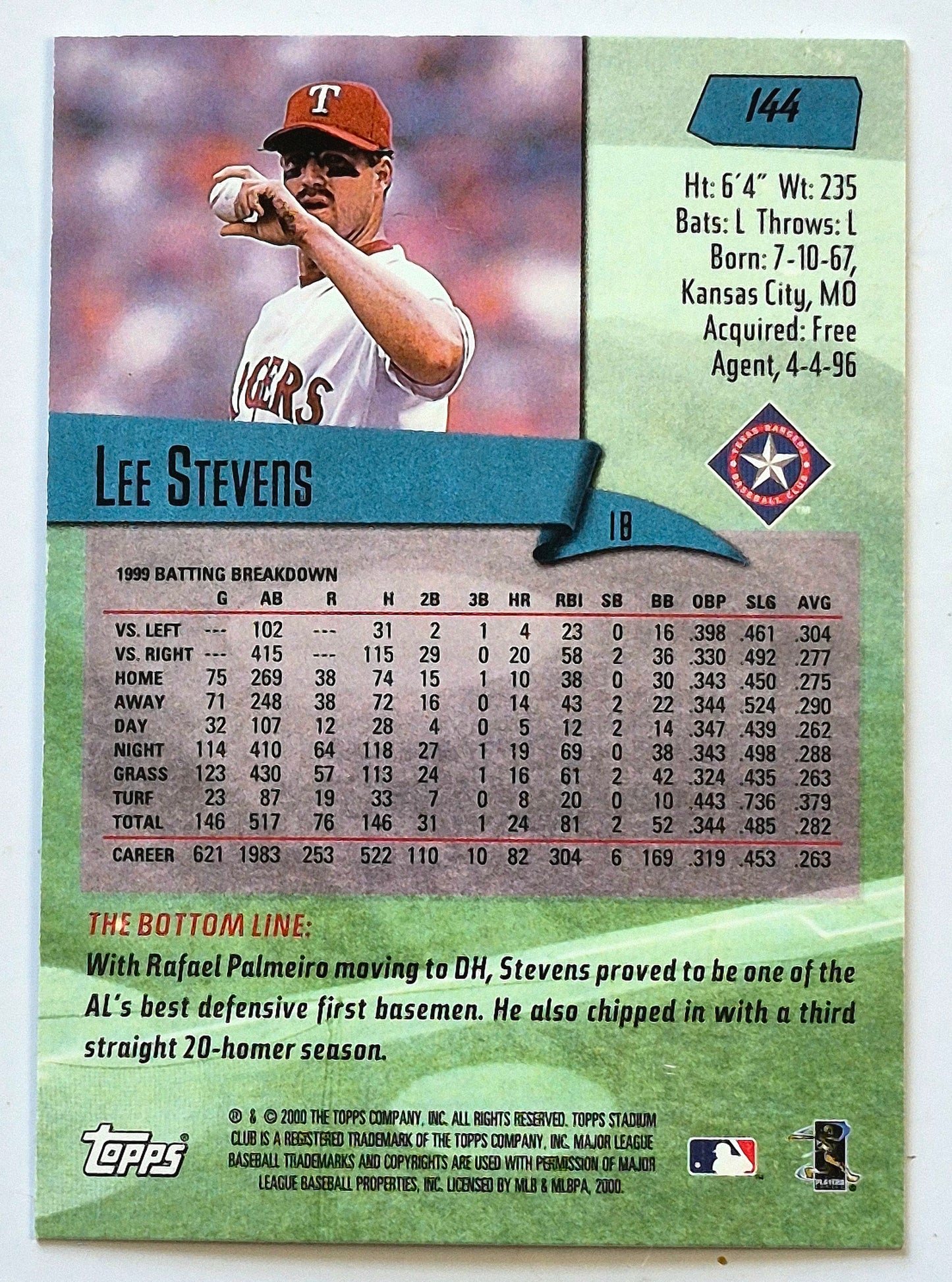Stevens Lee Texas Rangers 1st Base #144 Topps 2000 Stadium Club Baseball Card