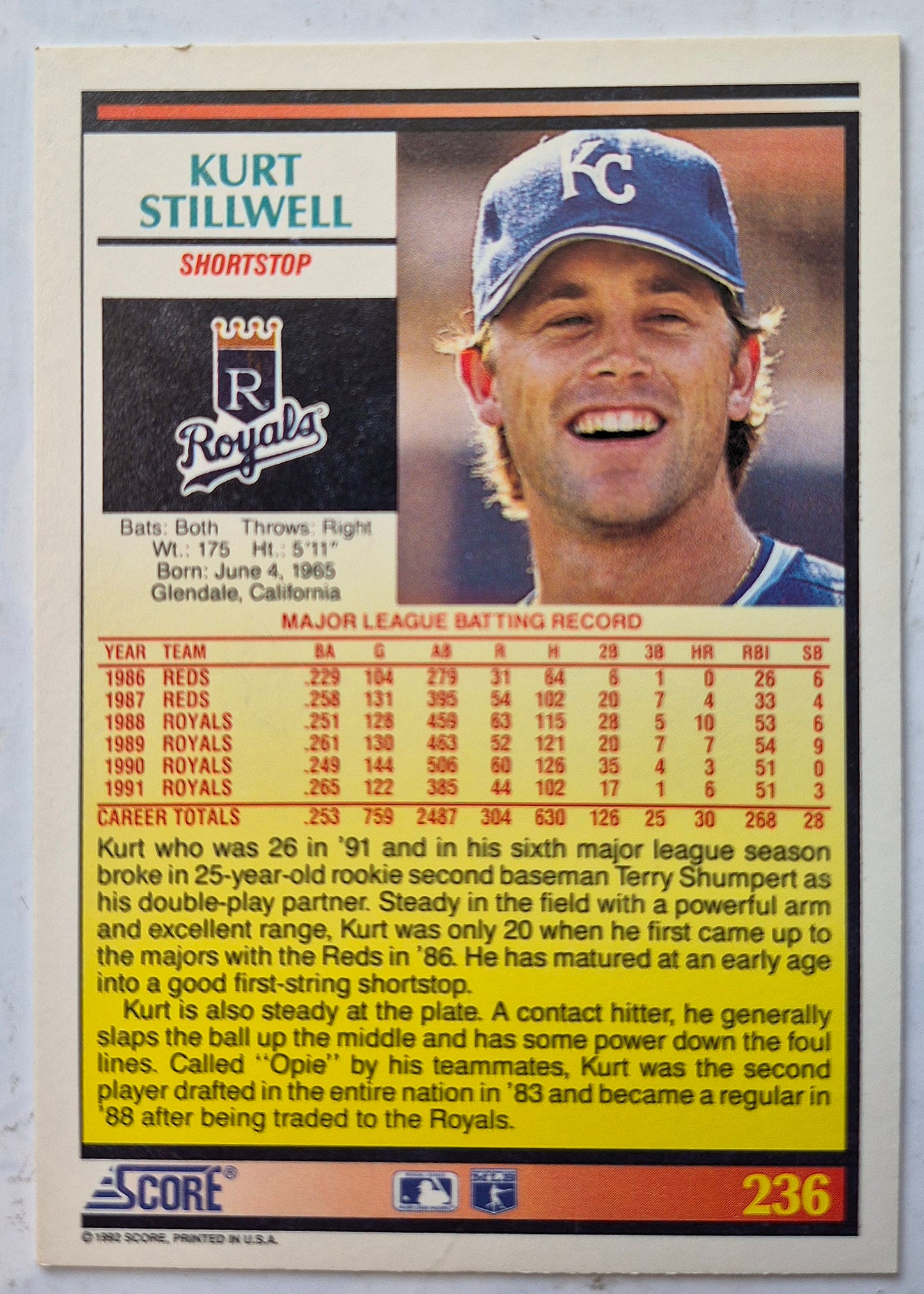 Stillwell Kurt Kansas City Royals Shortstop #236 Score '92 Baseball Card