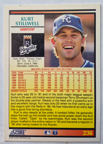 Stillwell Kurt Kansas City Royals Shortstop #236 Score '92 Baseball Card