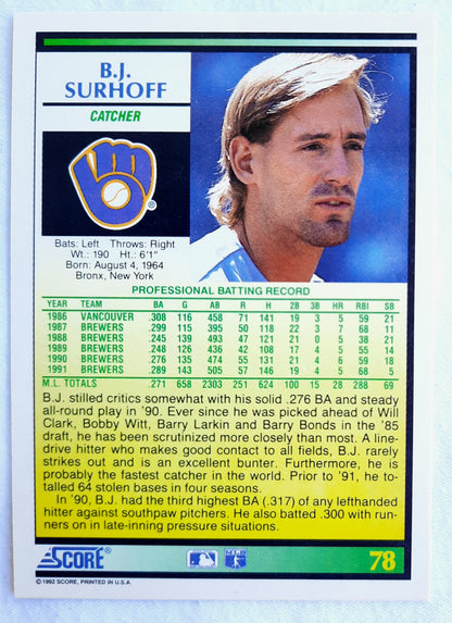 Score '92 B.J. Surhoff Milwaukee Brewers Catcher #78 Baseball Card Near Mint