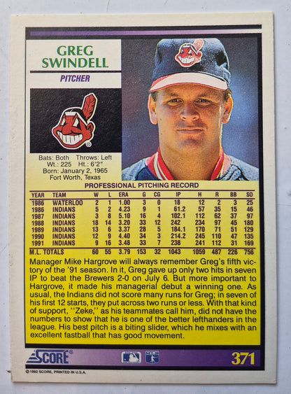 Swindell Greg Cleveland Indians Pitcher #371 Score '92 Baseball Card