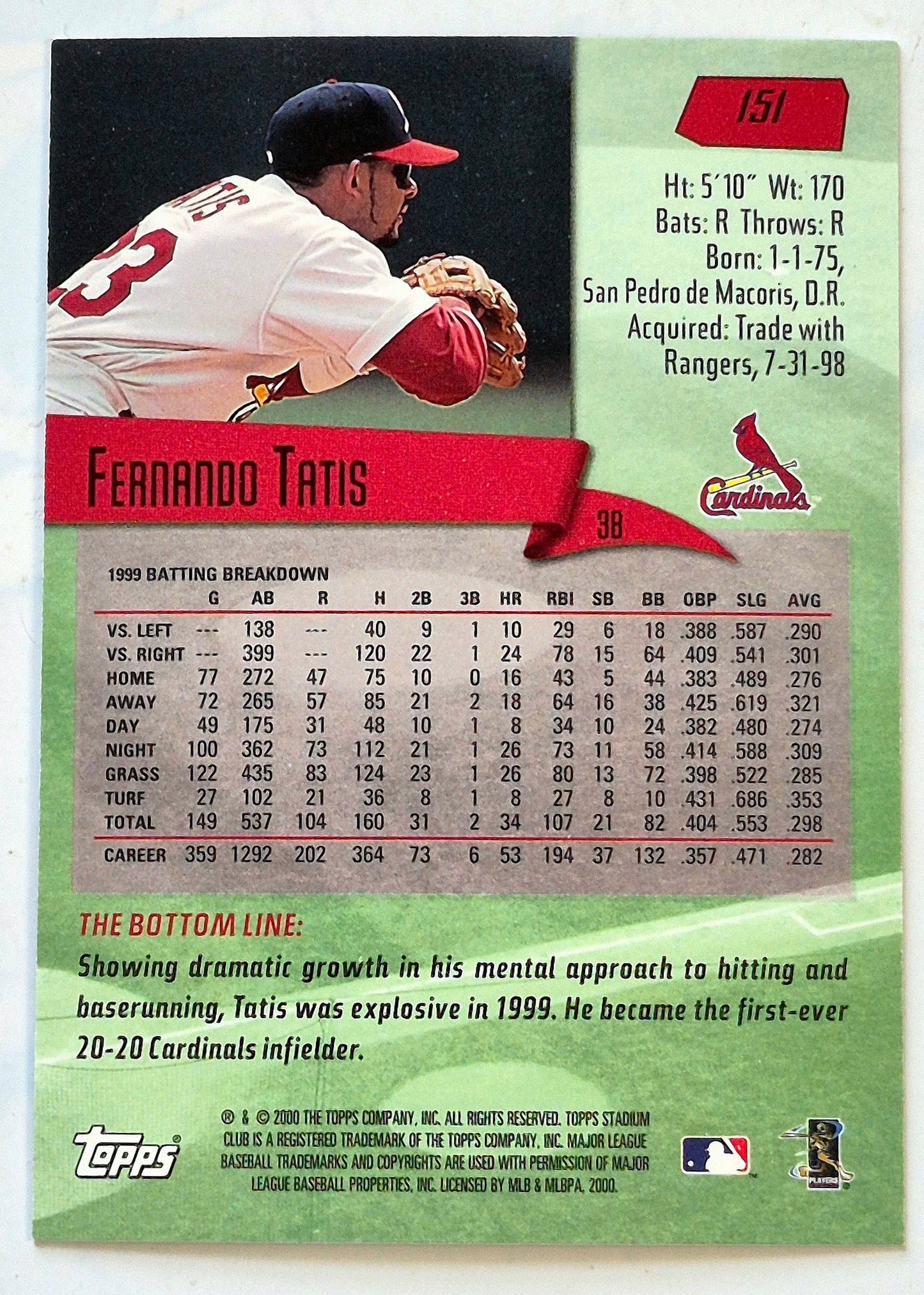 Tatis Fernando St. Louis Cardinals 3rd Base #151 Topps 2000 Stadium Club Baseball Card