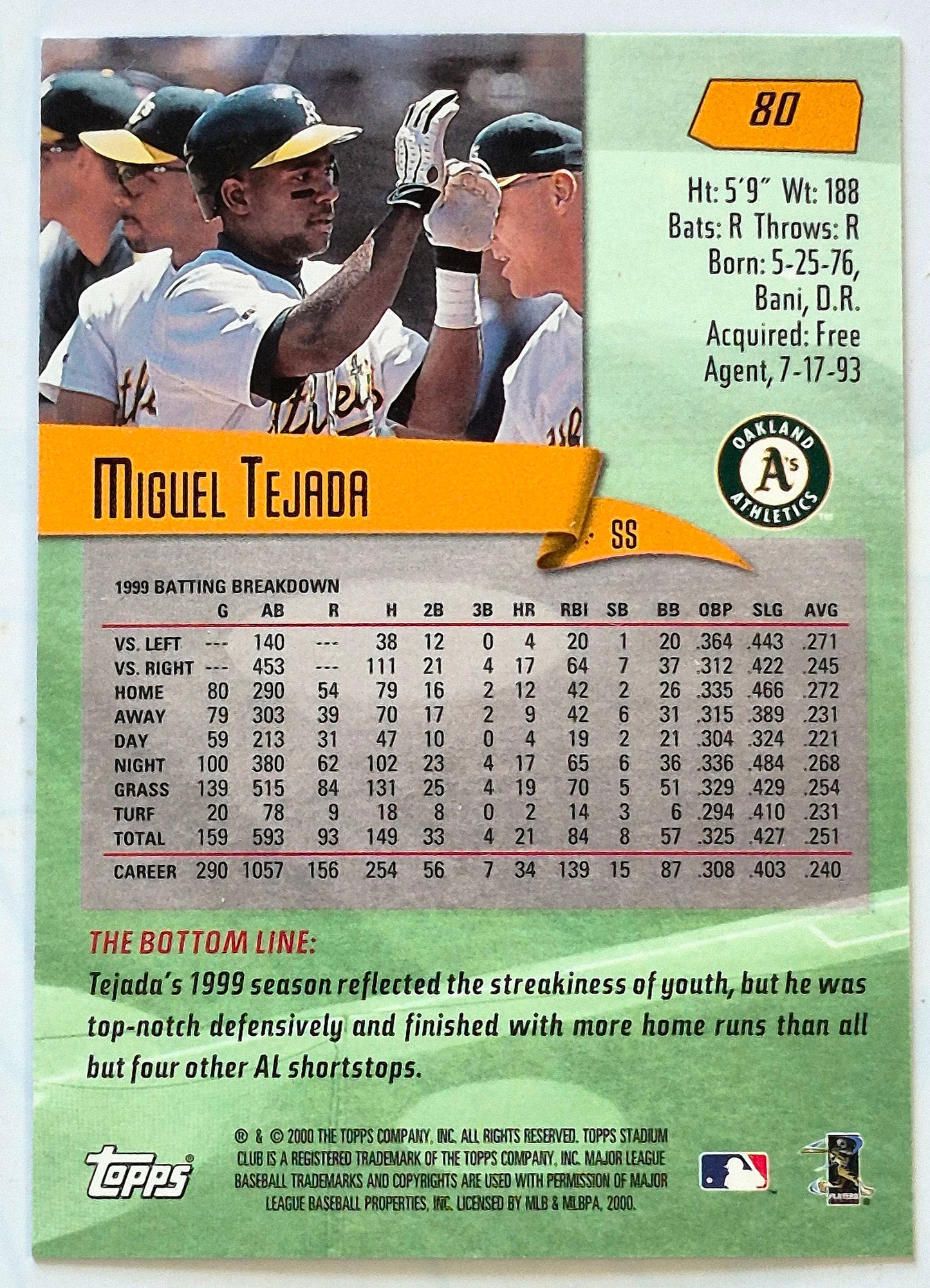 Tejada Miguel Oakland Athletics Shortstop #80 Topps 2000 Stadium Club Baseball Card