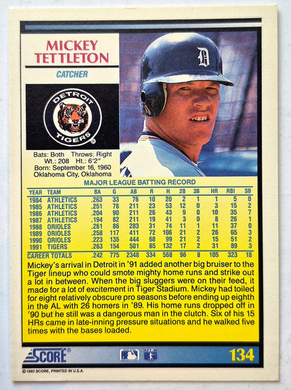 Tettleton Mickey Detroit Tigers Catcher #134 Score '92 Baseball Card