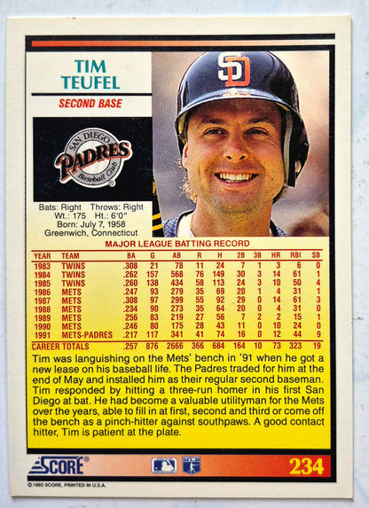 Teufel Tim San Diego Padres Second Base #234 Score '92 Baseball Card