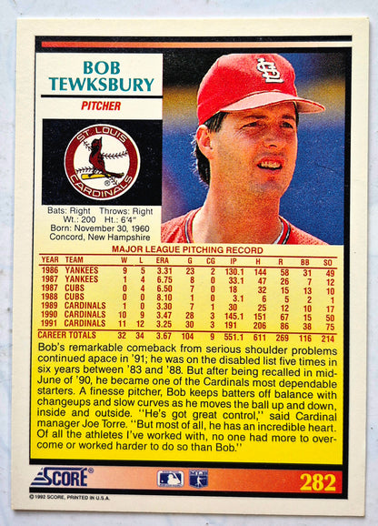 Tewksbury Bob Pitcher St. Louis Cardinals #282 Score '92 Baseball Card