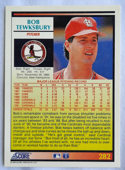 Score '92 Bob Tewksbury Pitcher Saint Louis Cardinals #282 Baseball Card Near Mint