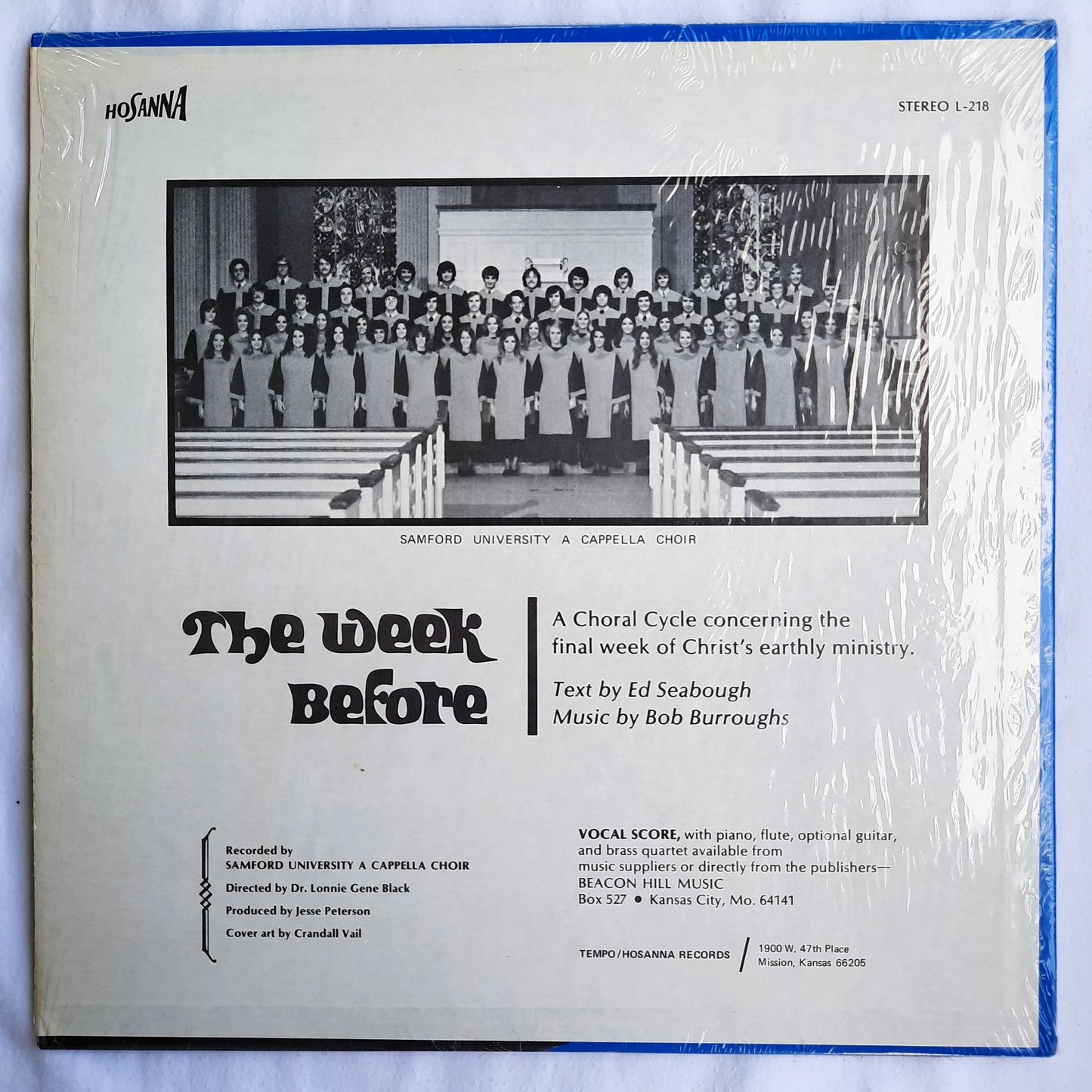 The Week Before by Samford University A Cappella Choir Collectible LP Vinyl Record (Very good, 1975, Hosanna Record, L-218)