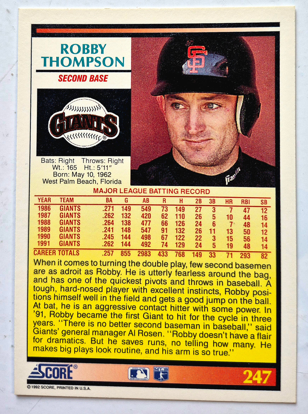 Thompson Robby San Francisco Giants Segunda Base #247 Tarjeta de Béisbol Score '92