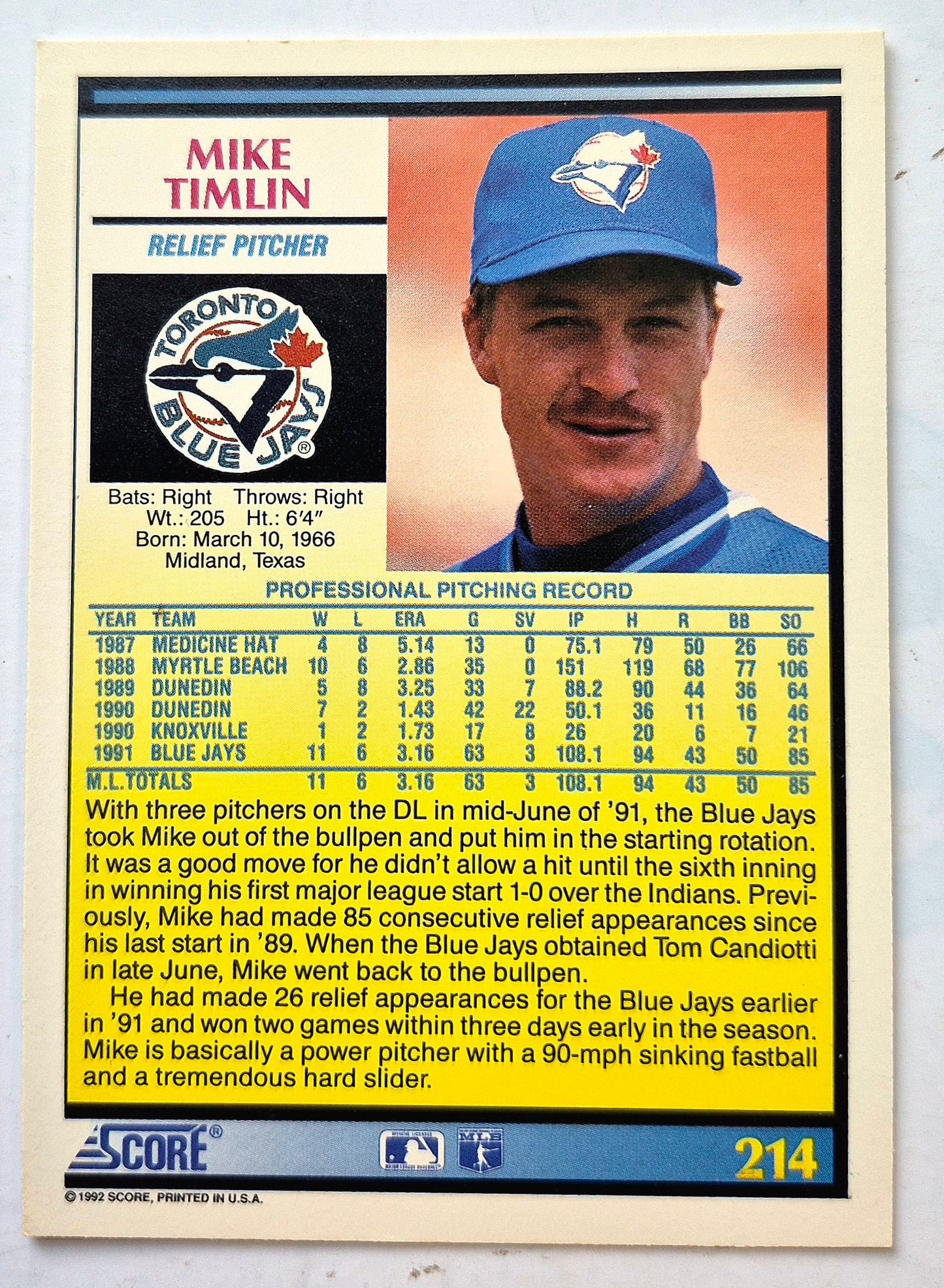Timlin Mike Toronto Blue Jays Relief Pitcher #214 Score '92 Baseball Card