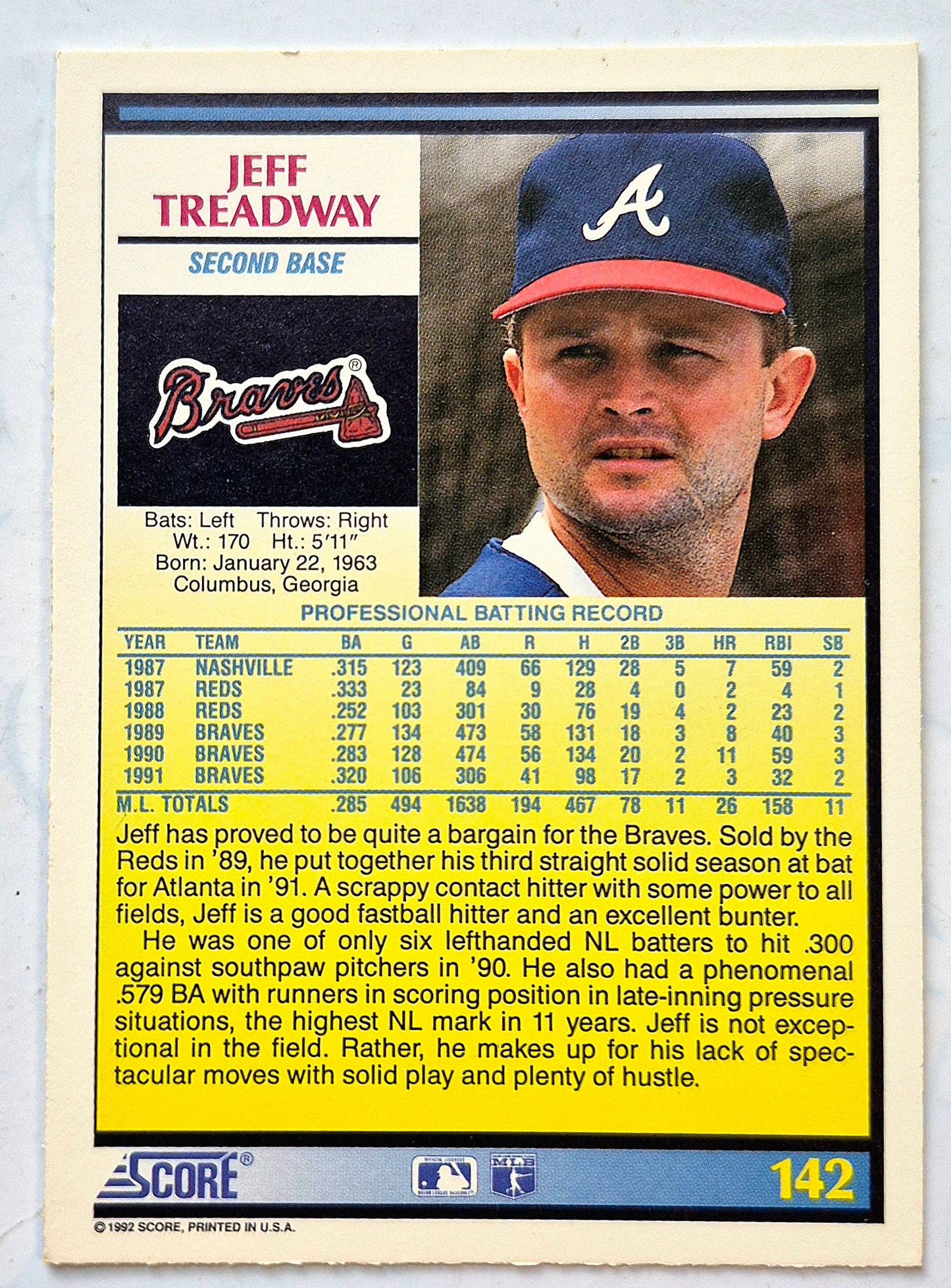 Treadway Jeff Atlanta Braves Second Base #142 Score '92 Baseball Card
