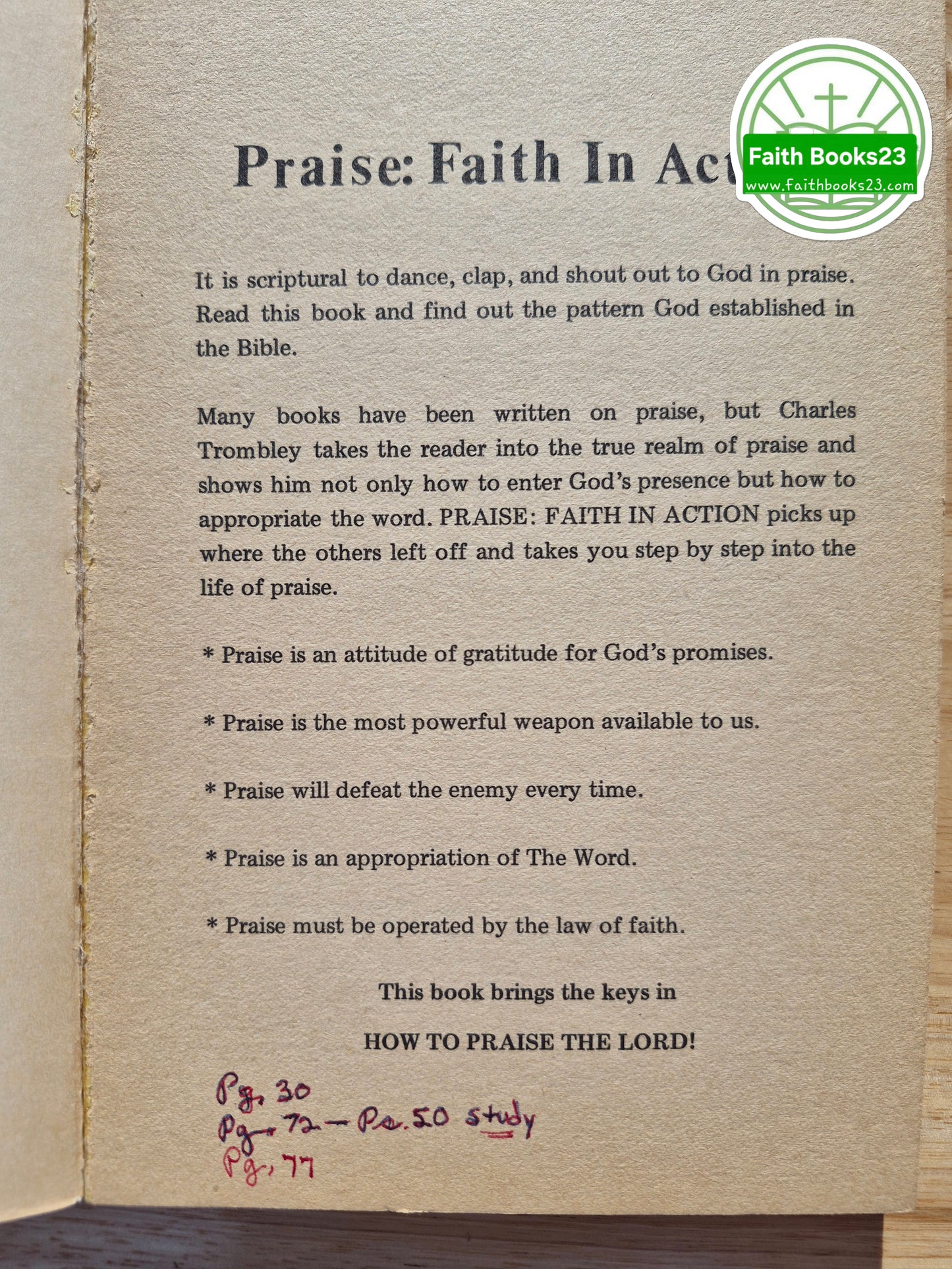 Lobt Gott: Glaube in Aktion! von Charles Trombley (Gut, 1978, Pbk, 123 Seiten, Fountain Press)