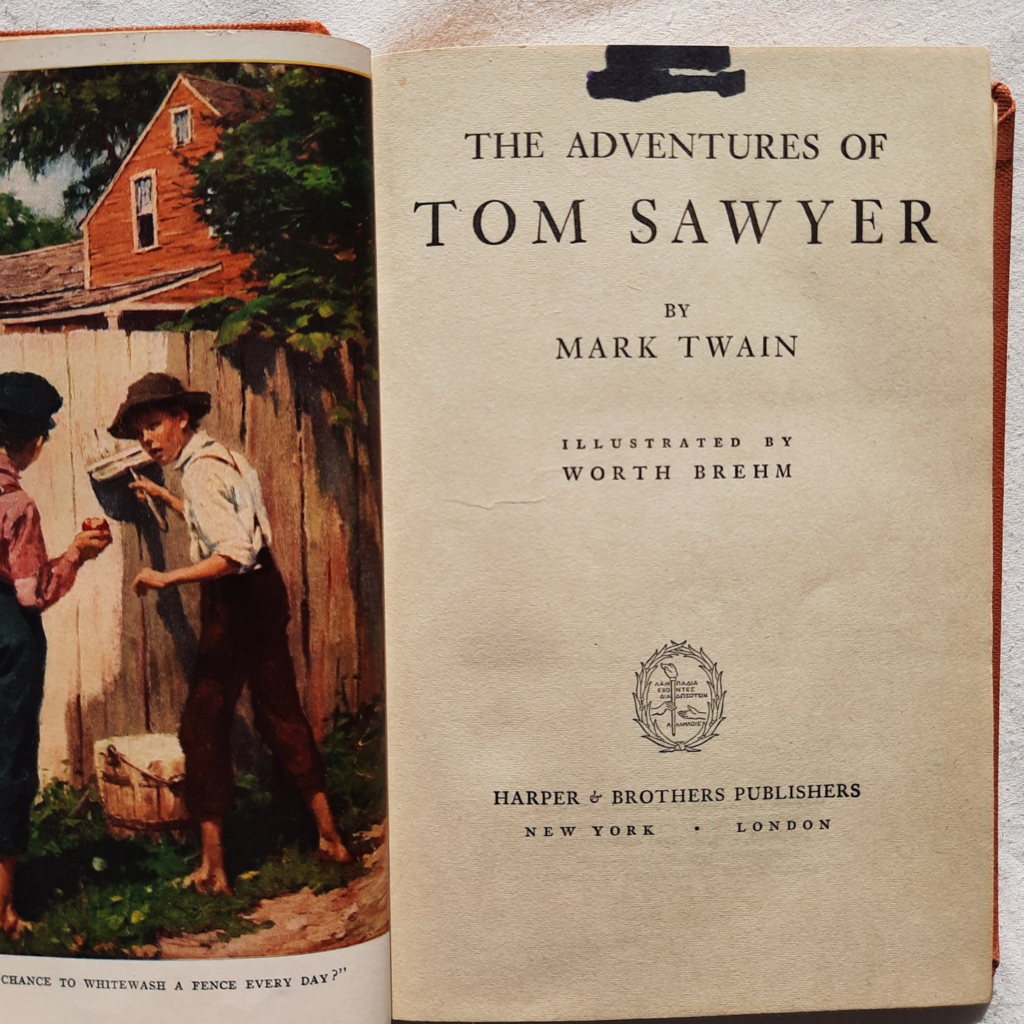 The Adventures of Tom Sawyer by Mark Twain; Worth Brehm (Good, 1938, HC, 307 pages, Harper & Brothers)