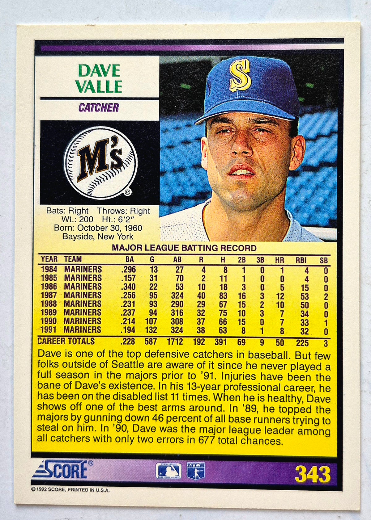 Valle Dave Seattle Mariners Catcher #343 Tarjeta de Béisbol '92 Score