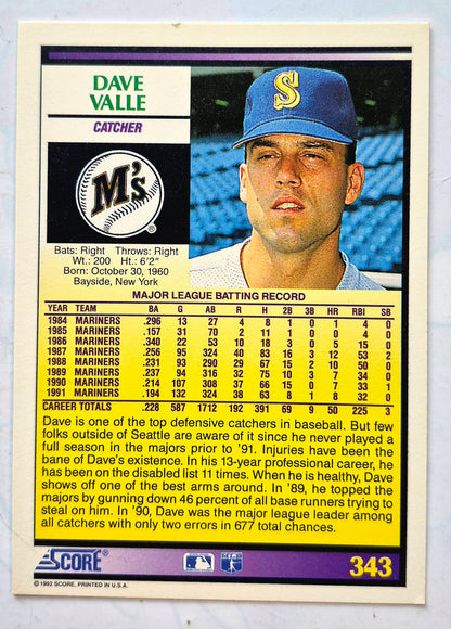 Valle Dave Seattle Mariners Catcher #343 Tarjeta de Béisbol '92 Score