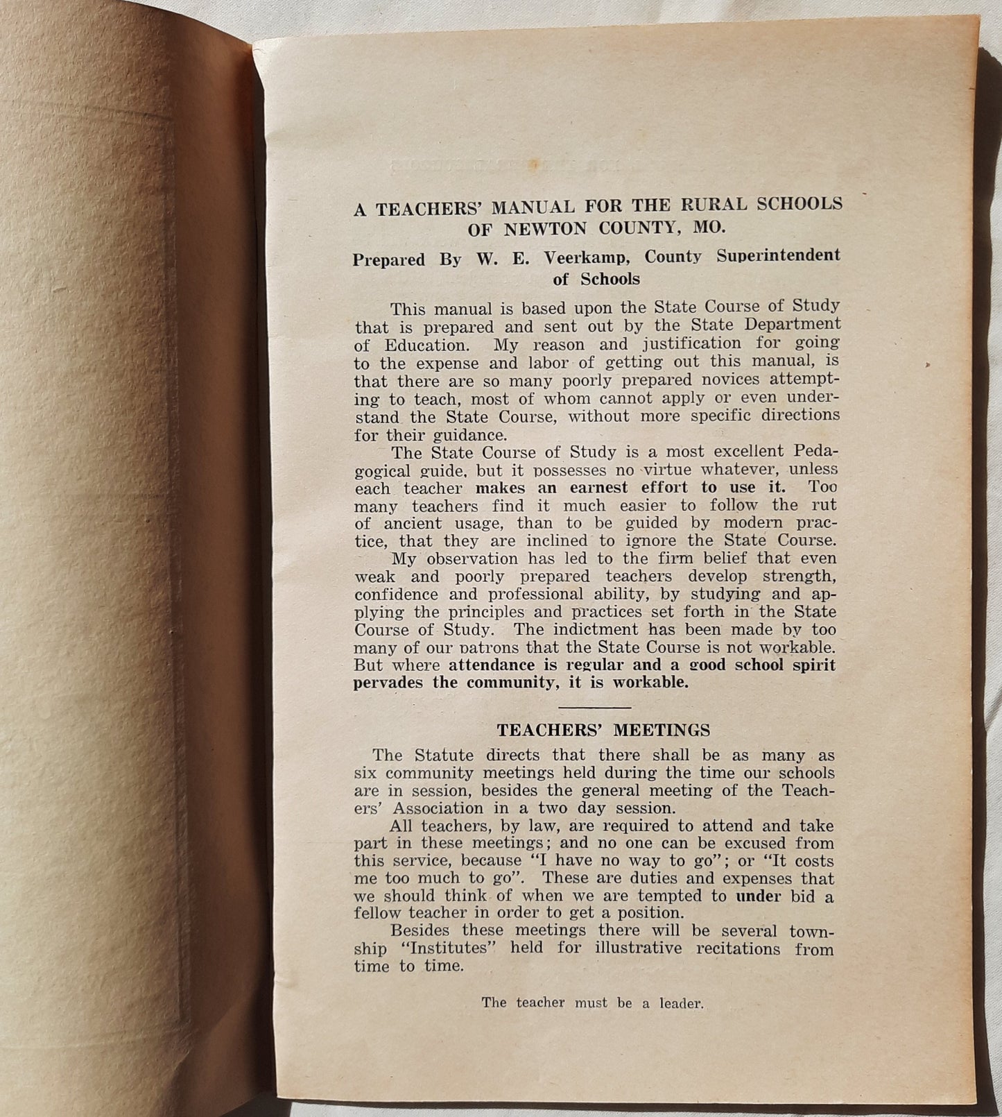 Teachers' Manual 1924-1925: To accompany the Course of Study for the Schools of Newton County, Missouri by W.E. Veerkamp (Good, 1924, Pbk, 40 pgs)