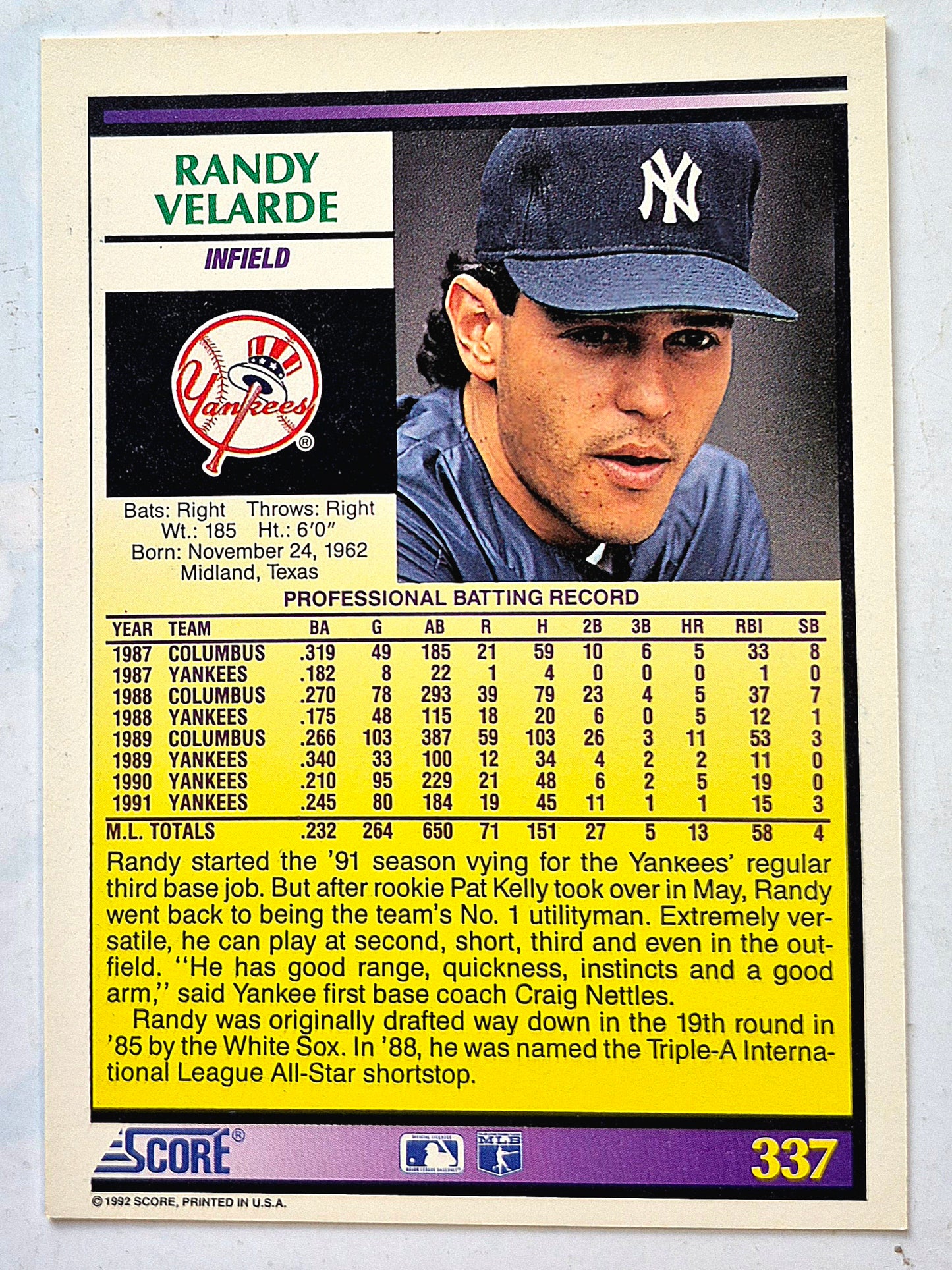 Velarde Randy New York Yankees Infield #337 Score '92 Baseball Card