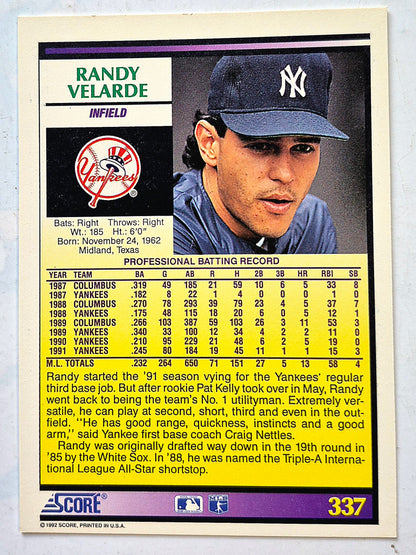 Velarde Randy New York Yankees Infield #337 Score '92 Baseball Card