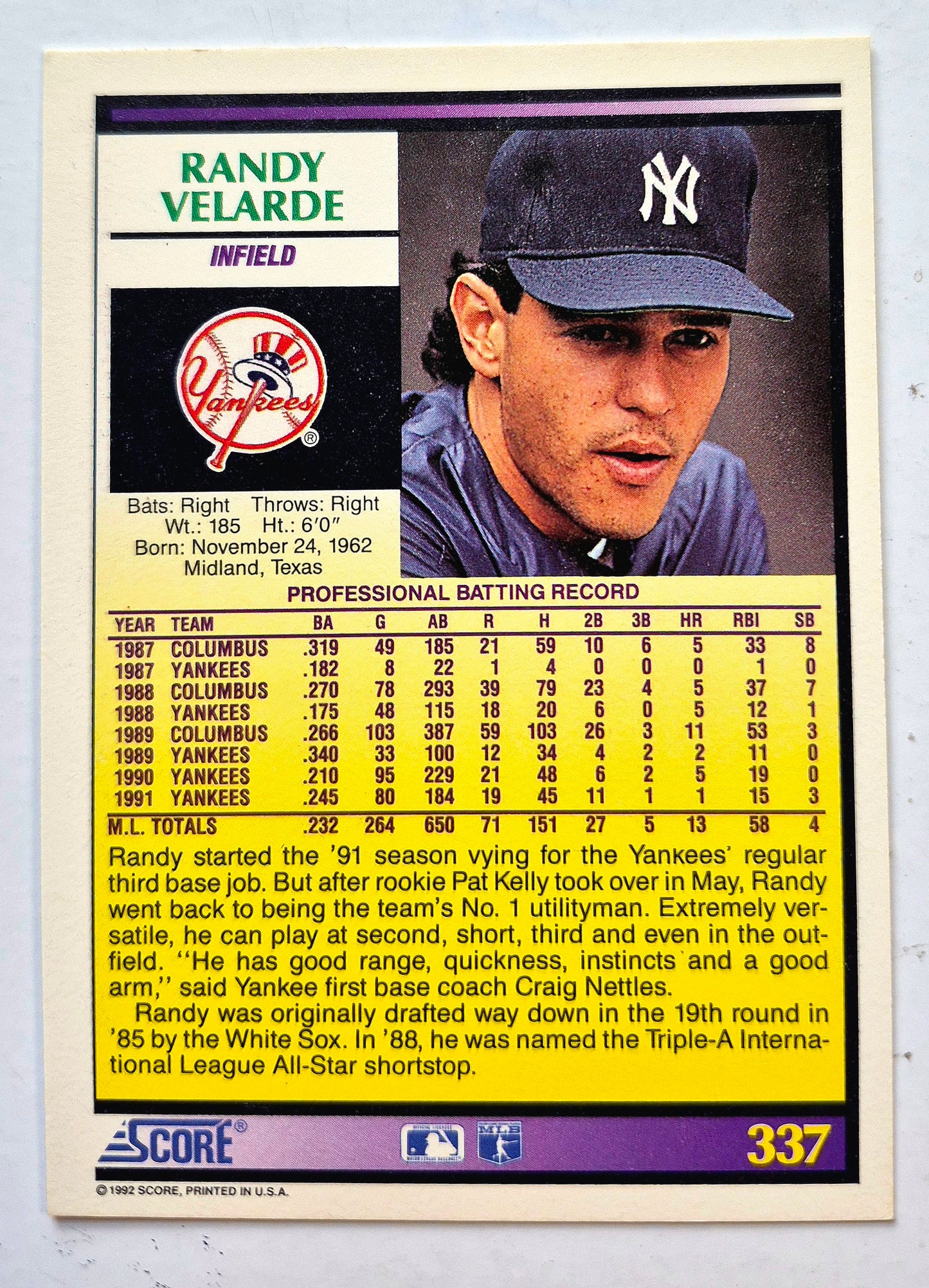 Velarde Randy New York Yankees Infield #337 Score '92 Baseball Card