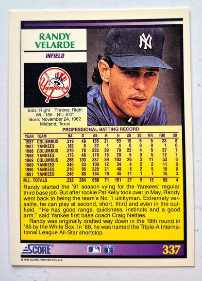 Velarde Randy New York Yankees Infield #337 Score '92 Baseball Card