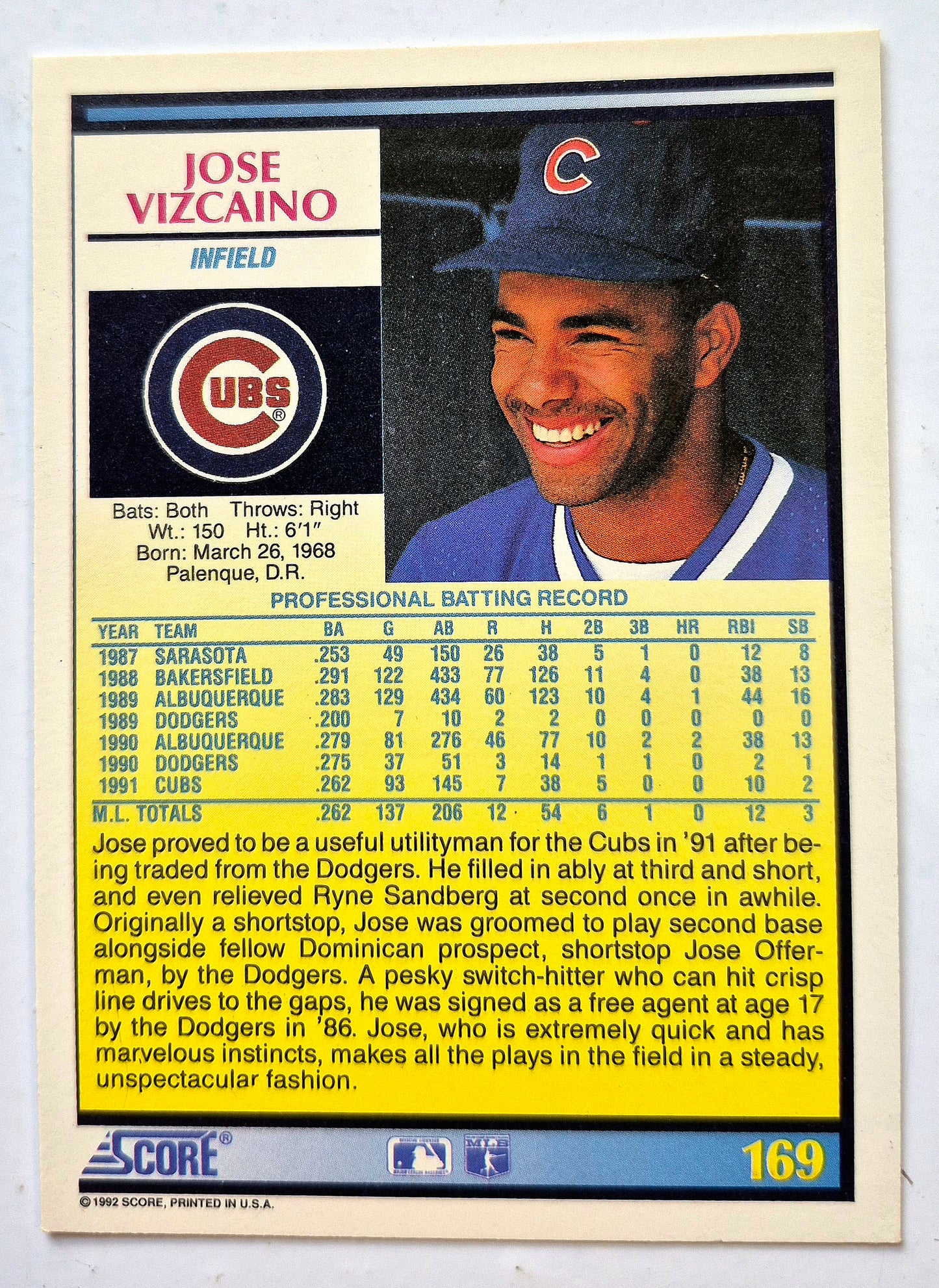 Vizcaino Jose Chicago Cubs Infield #169 Score '92 Baseball Card