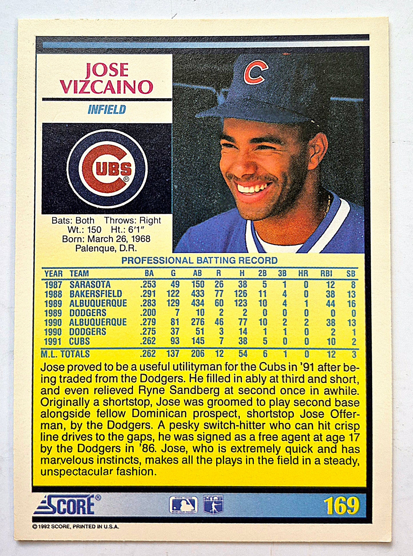 Vizcaino Jose Chicago Cubs Infield #169 Score '92 Baseball Card