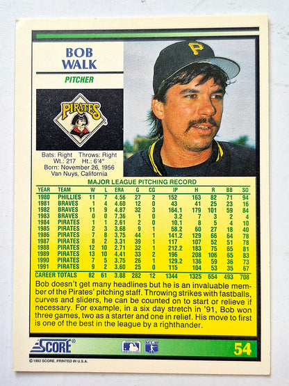 Walk Bob Pittsburgh Pirates Pitcher #54 Score '92 Baseball Card