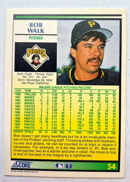 Walk Bob Pittsburgh Pirates Pitcher #54 Score '92 Baseball Card