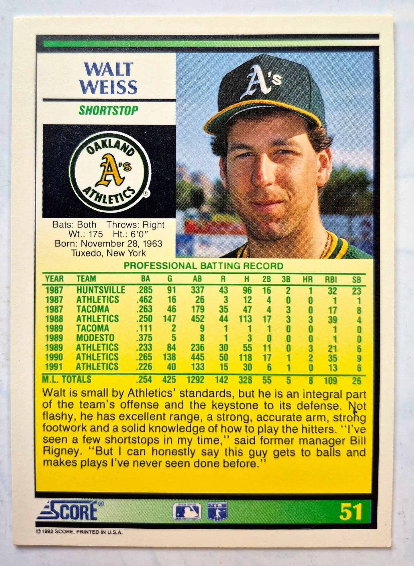 Weiss Walt Oakland Athletics Shortstop #51 Score '92 Baseball Card