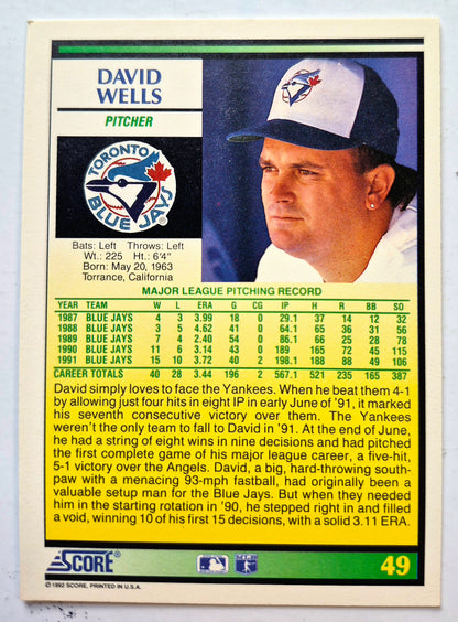 Wells David Toronto Blue Jays Pitcher #49 Score '92 Baseball Card