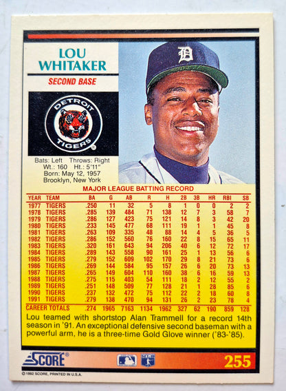 Whitaker Lou Detroit Tigers Second Base #255 Score '92 Baseball Card