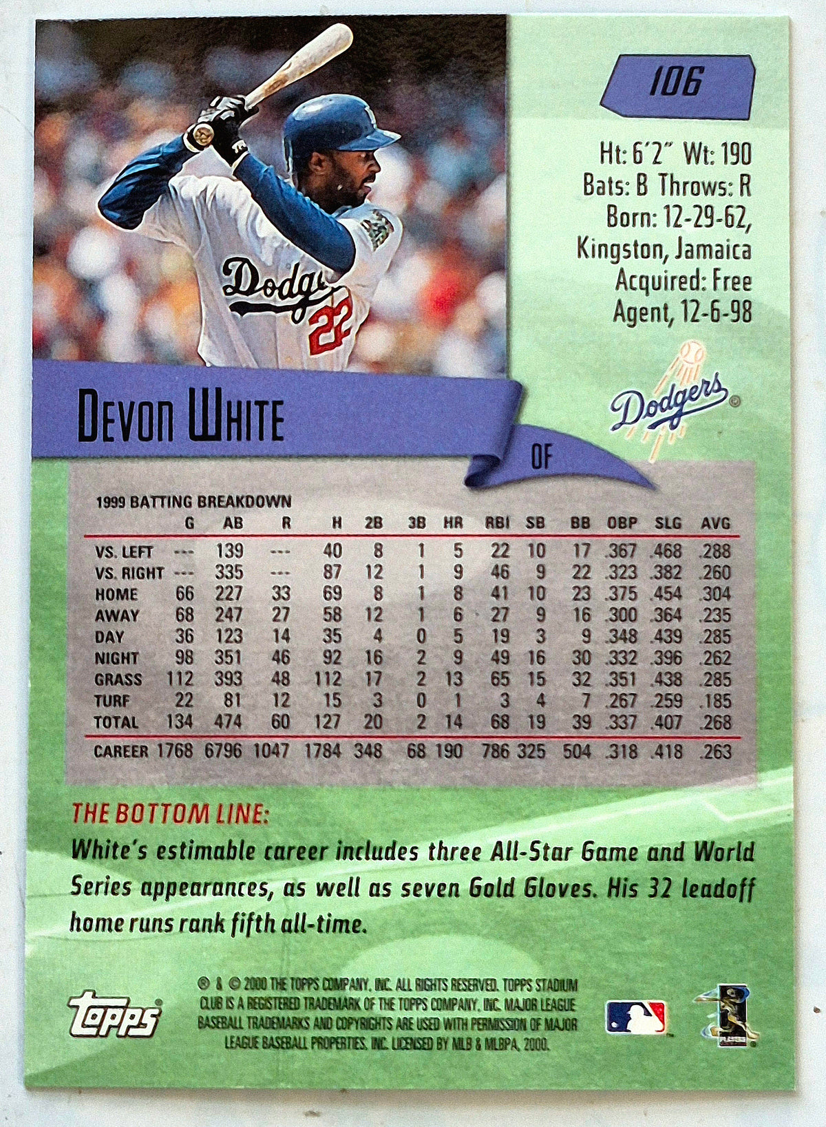 2000 Stadium Club Devon White Los Angeles Dodgers #106 Baseballkarte TOPPS