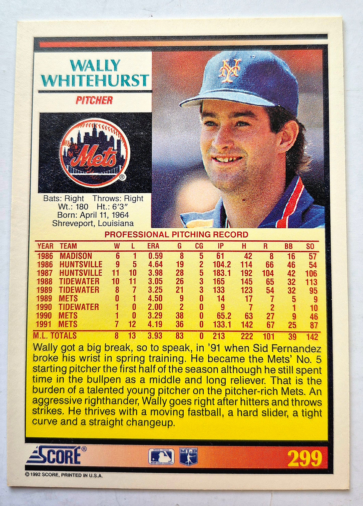 Whitehurst Wally New York Mets Pitcher #299 Score '92 Baseball Card