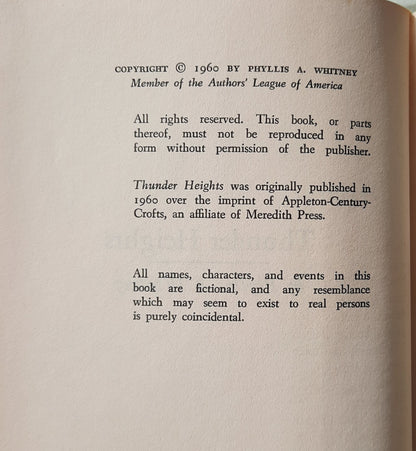 Thunder Heights / Window on the Square by Phyllis A. Whitney (Very good, 1960, HC, 505 pages, Meredith Press)