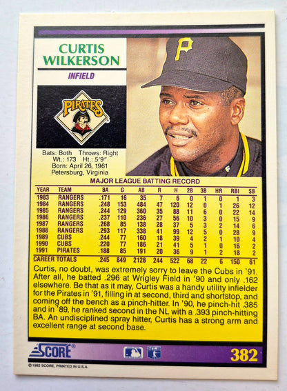 Wilkerson Curtis Pittsburgh Pirates Infield #382 Score '92 Baseball Card