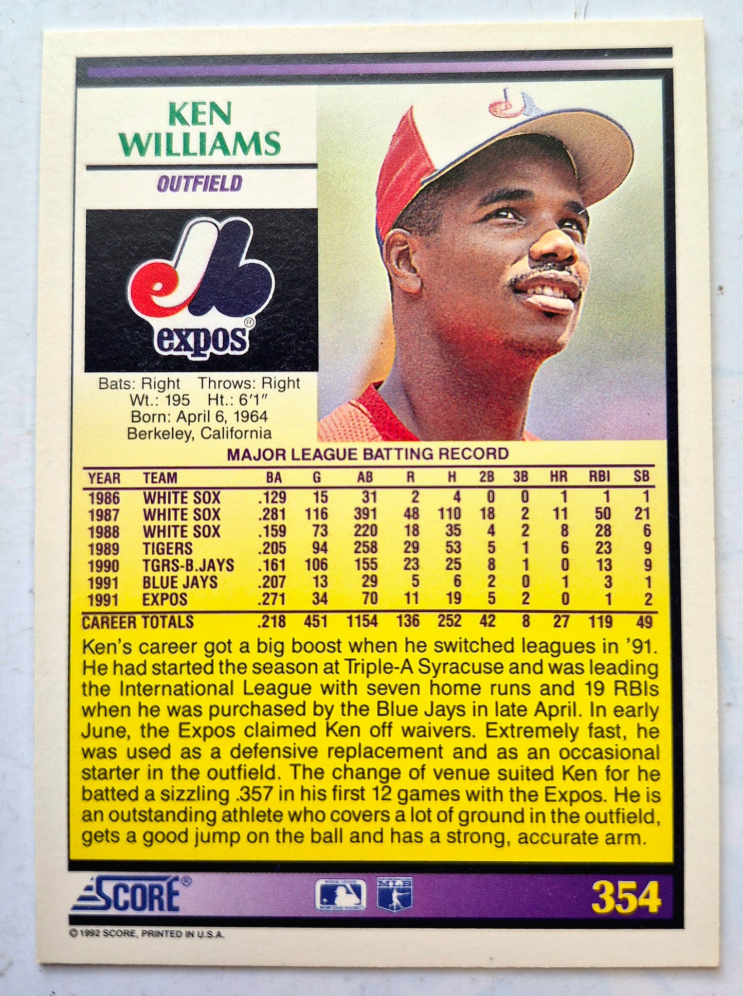 Williams Ken Montreal Expos Outfield #354 Score '92 Baseball Card