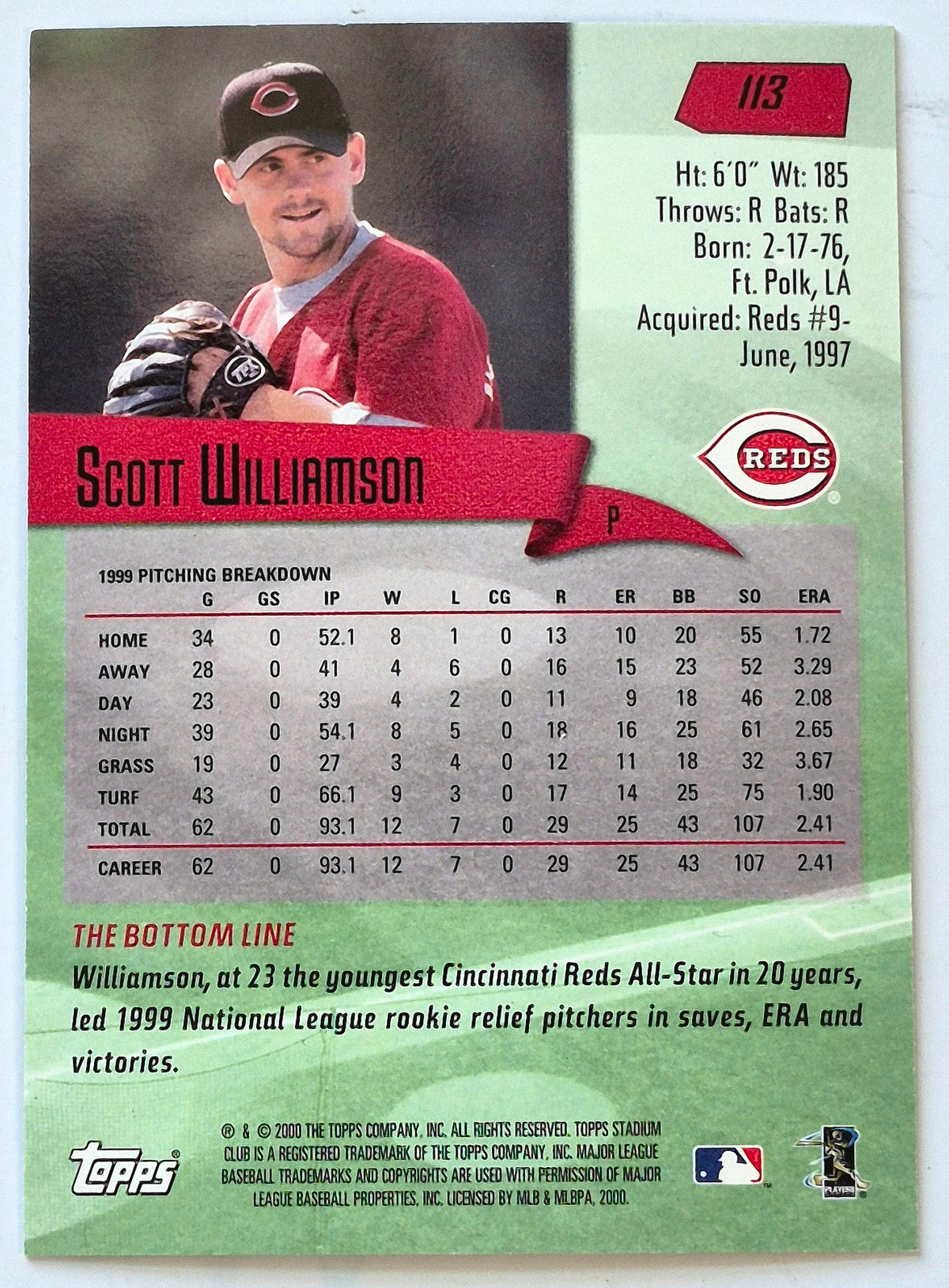 Williamson Scott Cincinnati Reds Pitcher #113 Topps 2000 Stadium Club Baseball Card