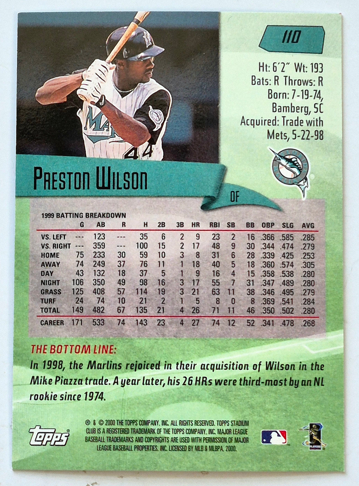 TOPPS 2000 Stadium Club Preston Wilson Miami Marlins #110 Baseballkarte