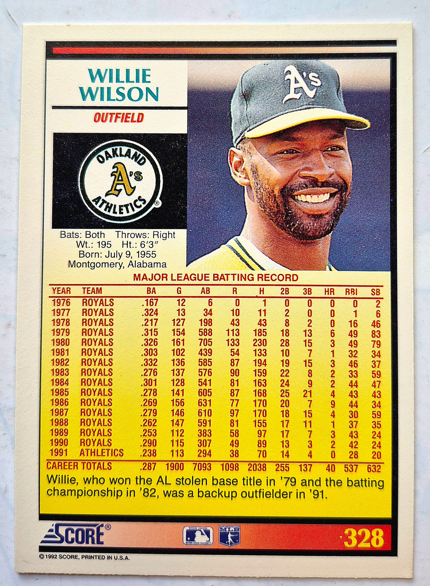 Wilson Willie Oakland Athletics Outfield #328 Score '92 Baseball Card