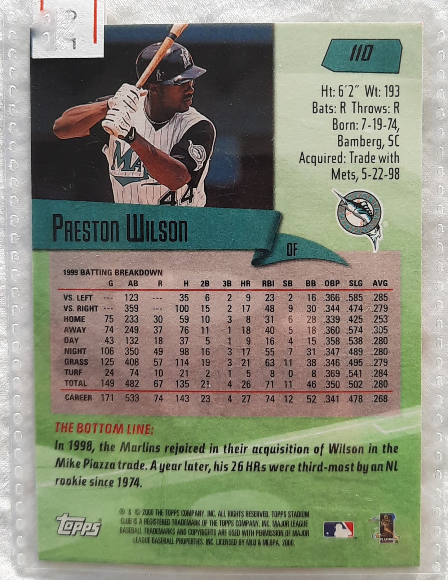 2000 Stadium Club Preston Wilson Miami Marlins #110 Baseball Card TOPPS