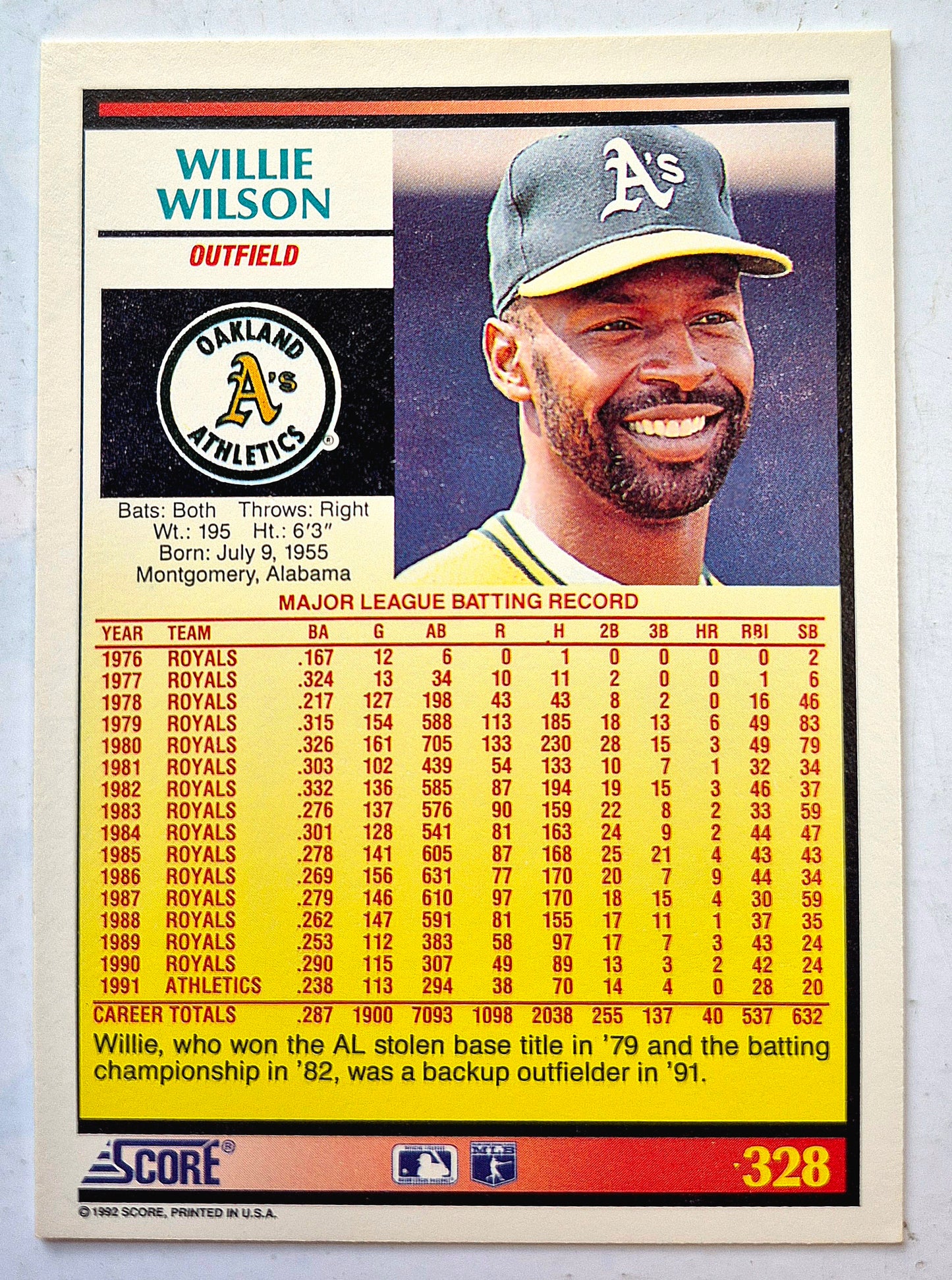 Wilson Willie Oakland Athletics Outfield #328 Score '92 Baseball Card