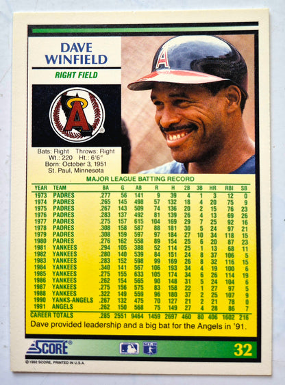 Winfield Dave California Angels Right Field #32 Score '92 Baseball Card