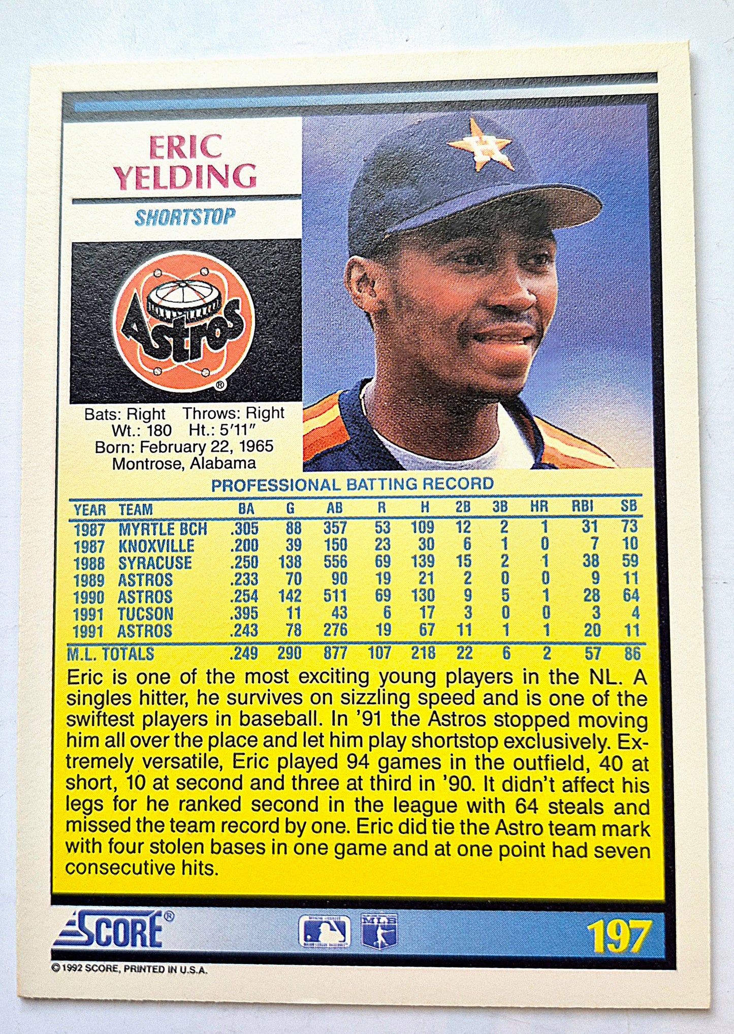 Yelding Eric Houston Astros Campocorto #197 Score '92 Tarjeta de Béisbol