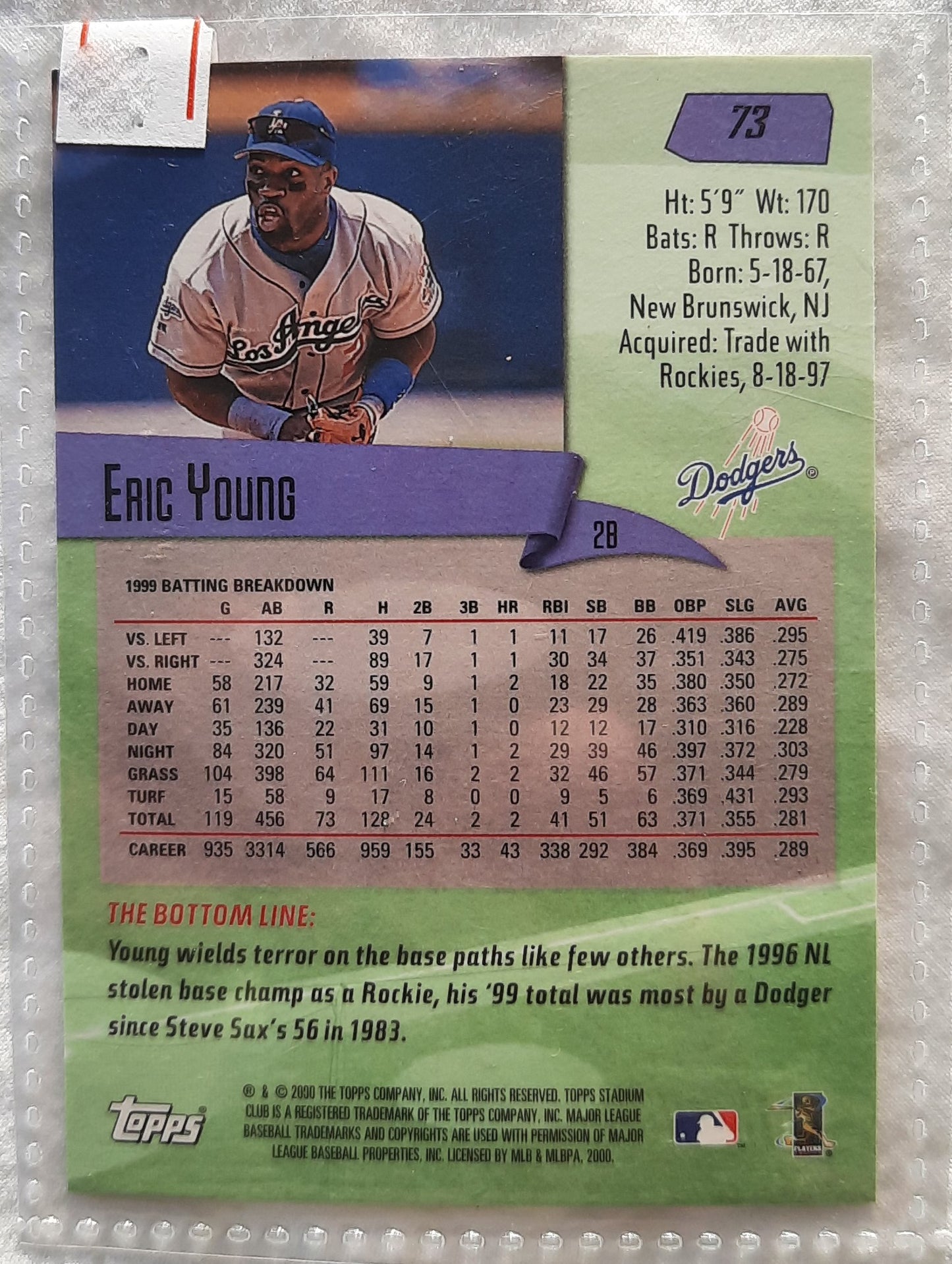 2000 Stadium Club Eric Young Los Angeles Dodgers #73 Baseball Card TOPPS