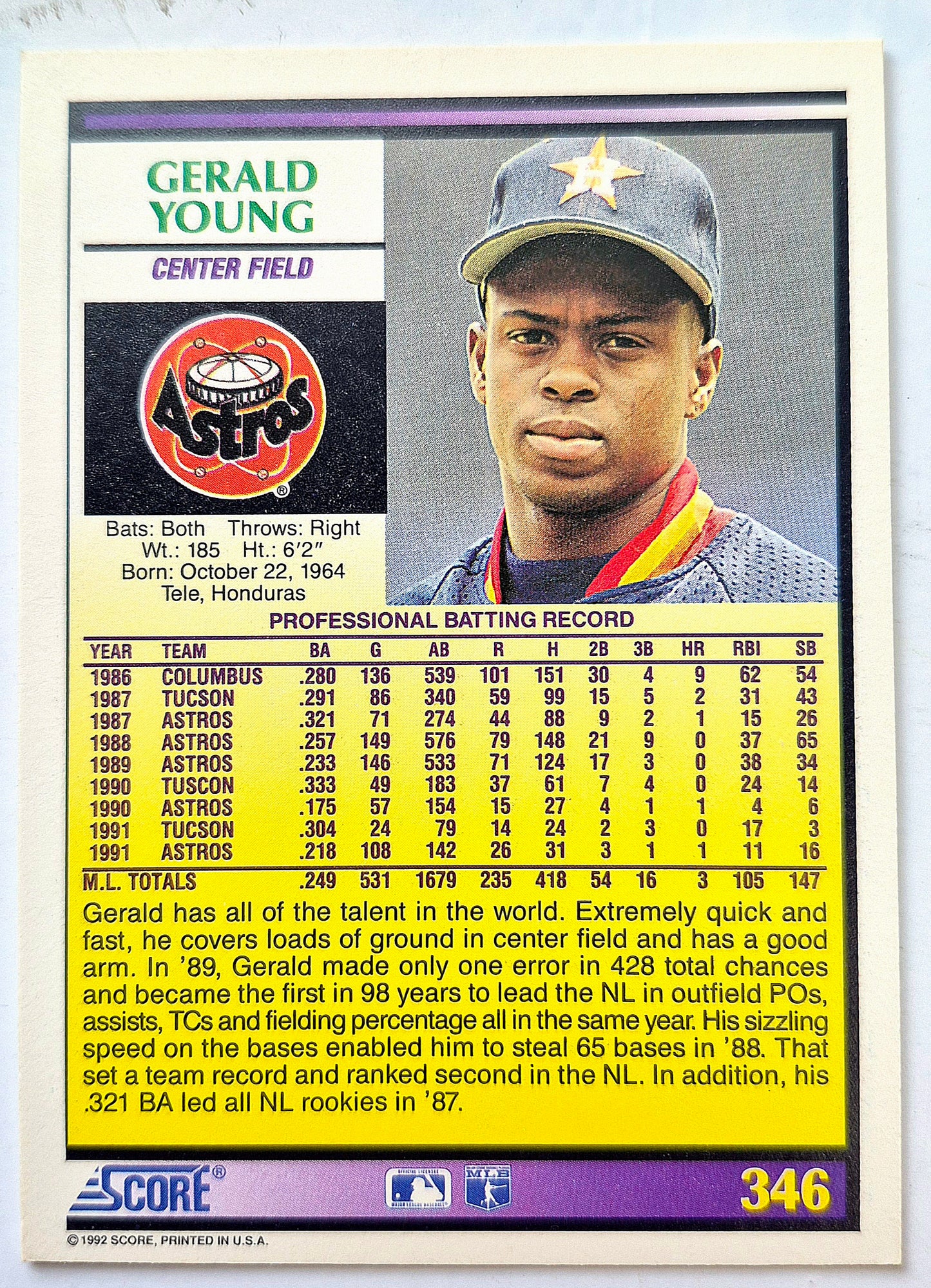 Young Gerald Houston Astros Center Field #346 Score '92 Baseball Card