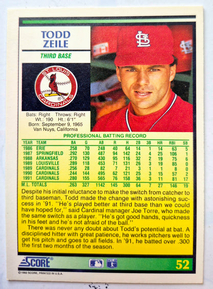 Zeile Todd St. Louis Cardinals Third Base #52 Score '92 Baseball Card