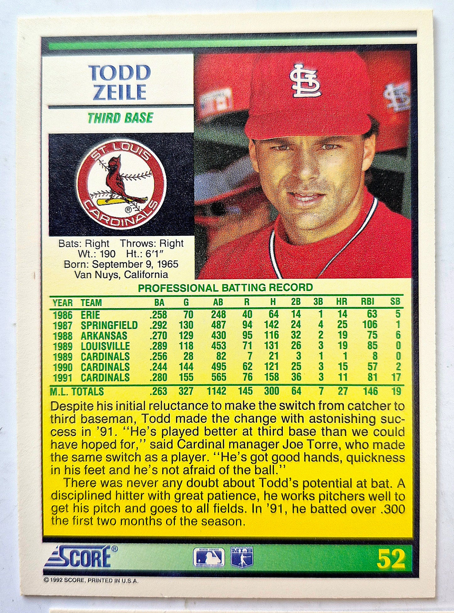 Zeile Todd St. Louis Cardinals Third Base #52 Score '92 Baseball Card