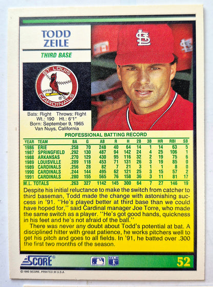 Zeile Todd St. Louis Cardinals Third Base #52 Score '92 Baseball Card